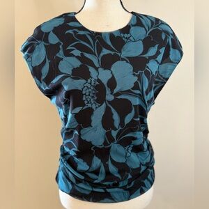Banana Republic Factory cap sleeve floral black & teal blue top SZ LG.